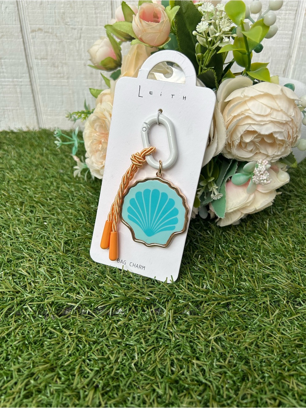 Leith Turquoise Shell Keyring with Orange Tassel and Gold Trim/new bag charm